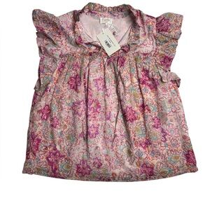 NEW Fate Coquette Floral Ruffle Sleeve Blouse Tie Orange Pink Large